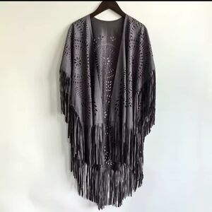NWT Gray Fringe Open Front Boho Wesyern Poncho